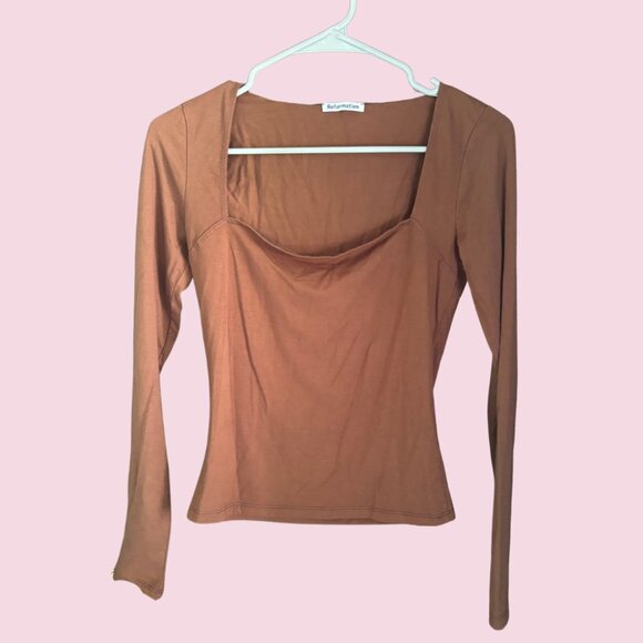 REFORMATION Walter Long Sleeve Tencel Top Brown Small Minimalist Designer - Picture 2 of 4